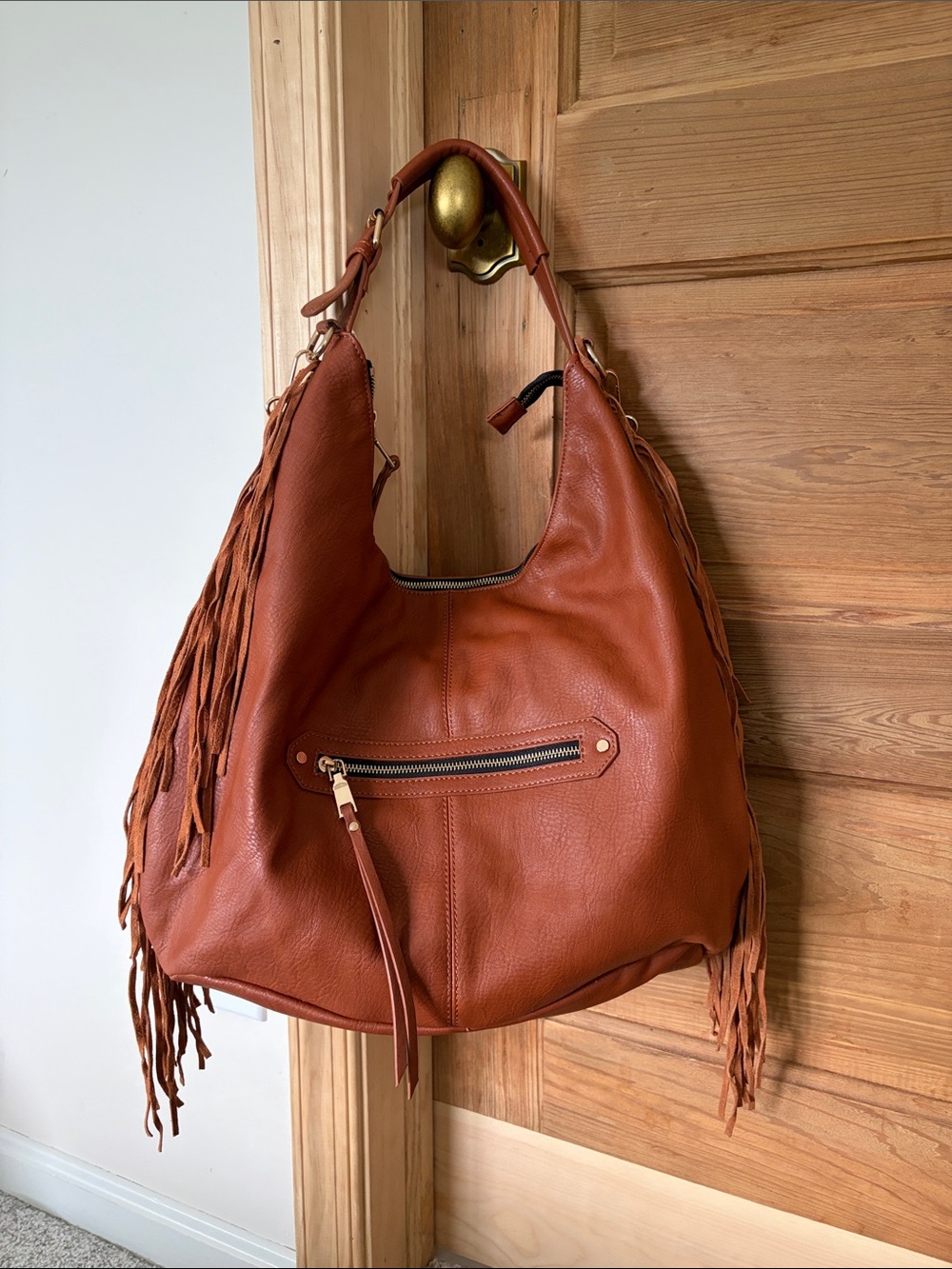 Moda Luxe Fringe Hobo Shoulder Bag - Cognac Brown